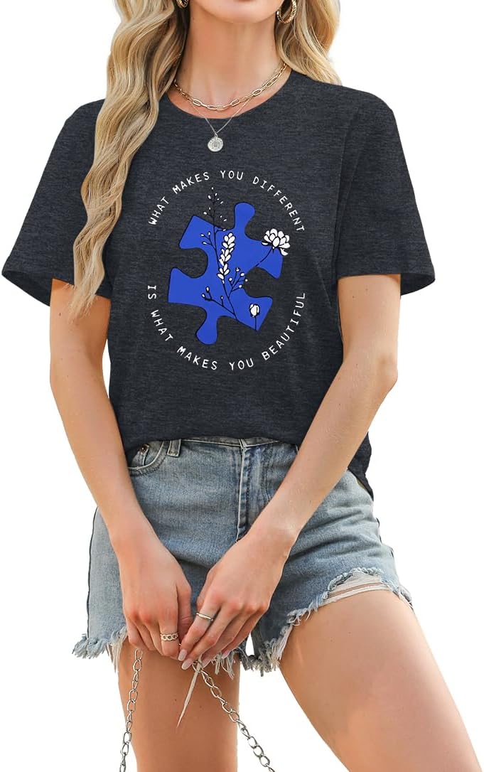 Autism Awareness Shirt Women: Autism Acceptance T-Shirt Autistic Support Graphic Tees Tops Be Kind Short Sleeve Outfit