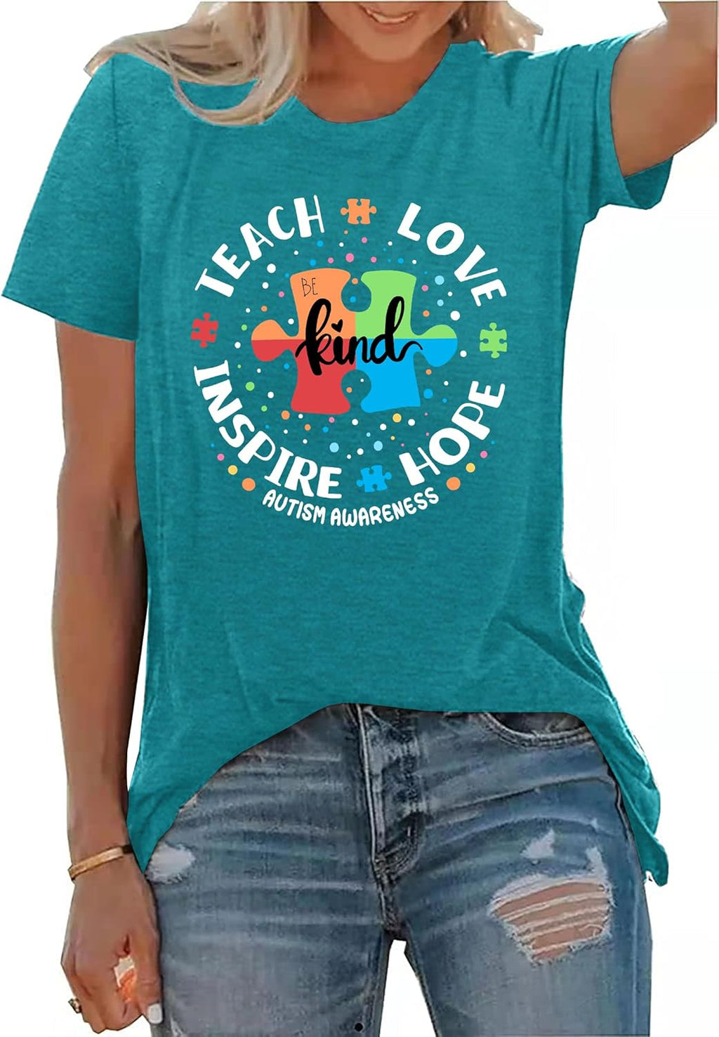 Womens Autism Awareness Teacher Shirts Be Kind T-Shirts Teach Hope Love Inspire Graphic Tees Tops