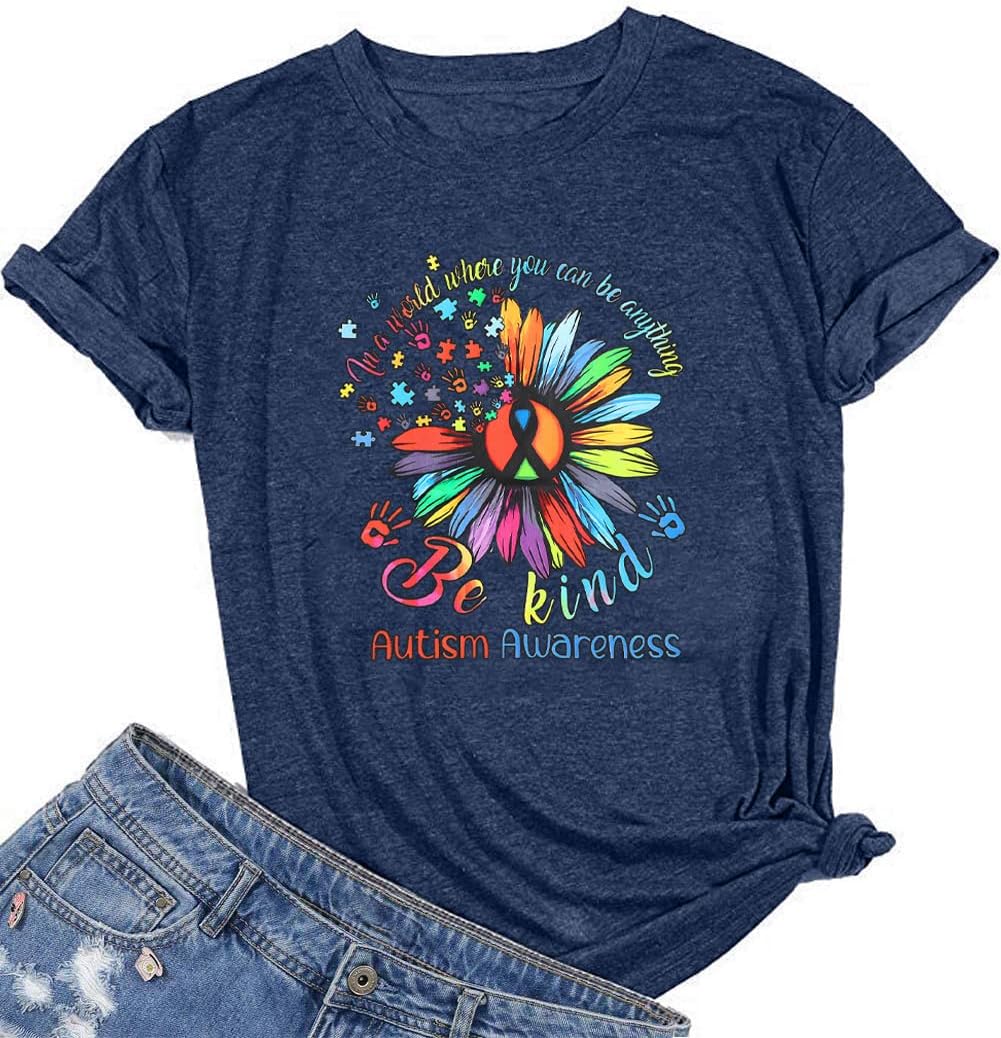 Autism Awareness Shirt Women Be Kind Special Education Teacher T-Shirt Casual Inspirational Kidness Short Sleeve Tee Tops