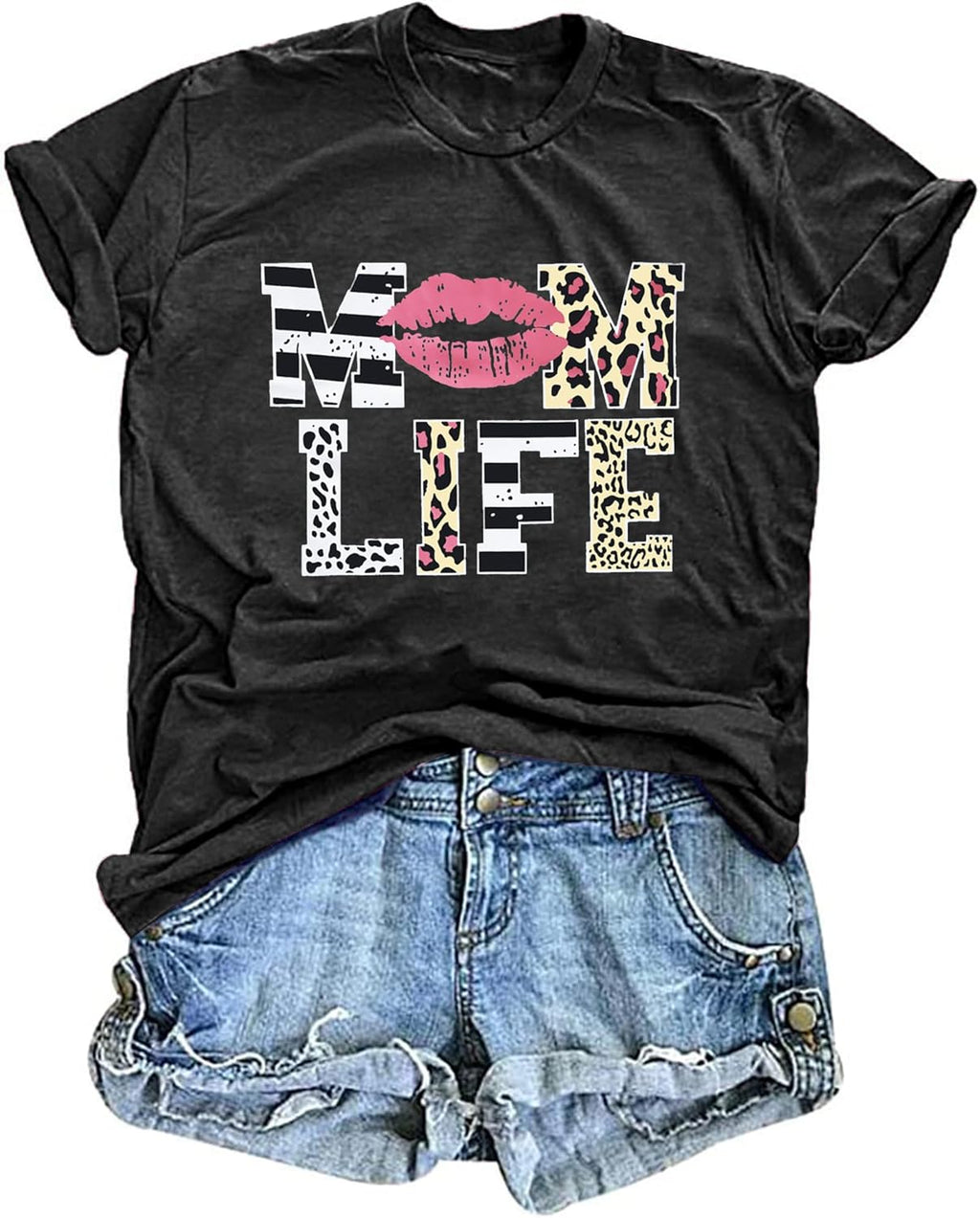 Women Mom Life T-Shirts Leopard Lips Stripe Graphic Shirts Funny Letter Printed Tee Mother's Day Casual Blouse Mother Shirt