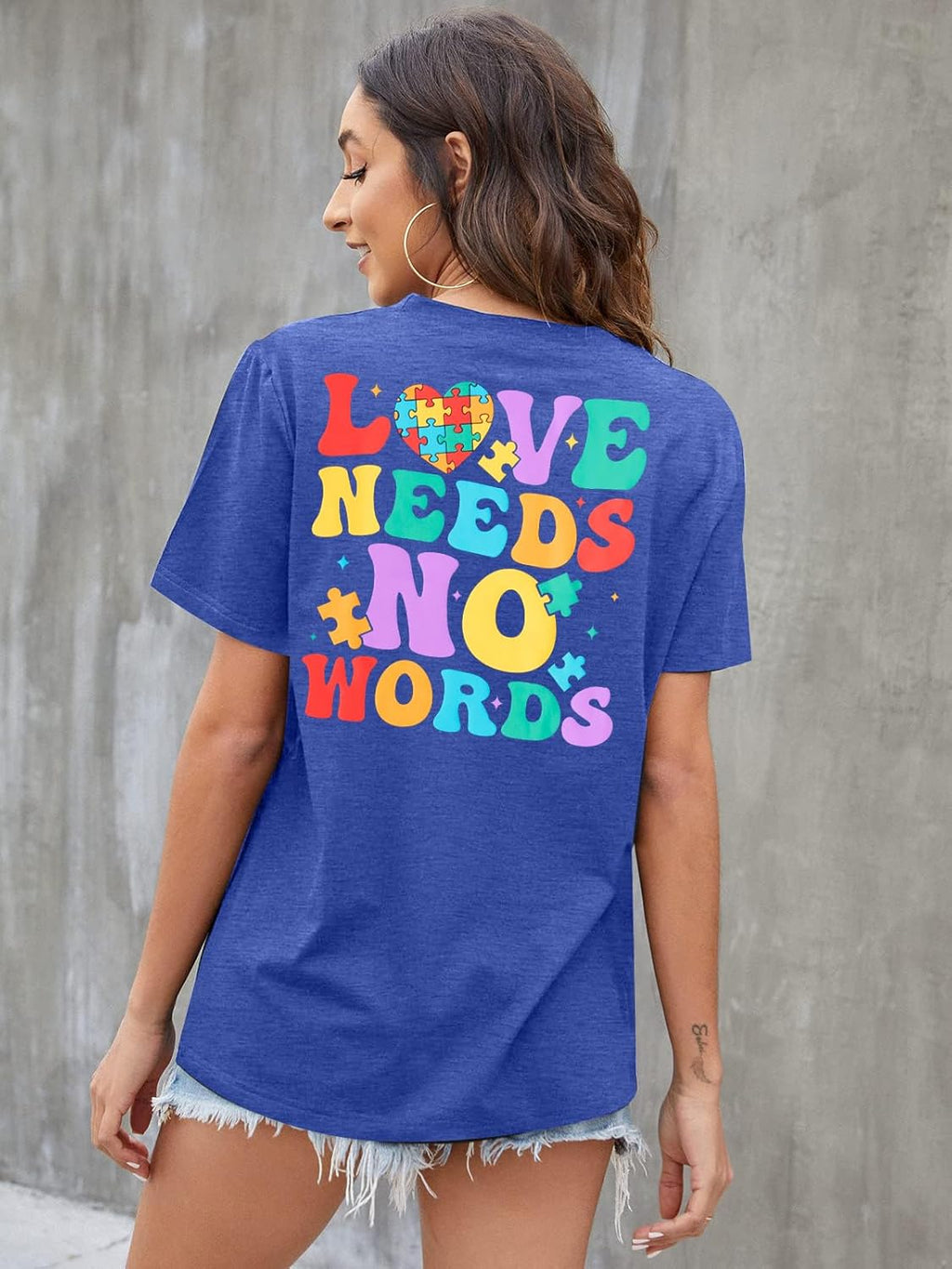 Autism Awareness Shirt Women Love Needs No Words Shirt Autism Special Education Love Heart Puzzle Piece Short Sleeve Tee