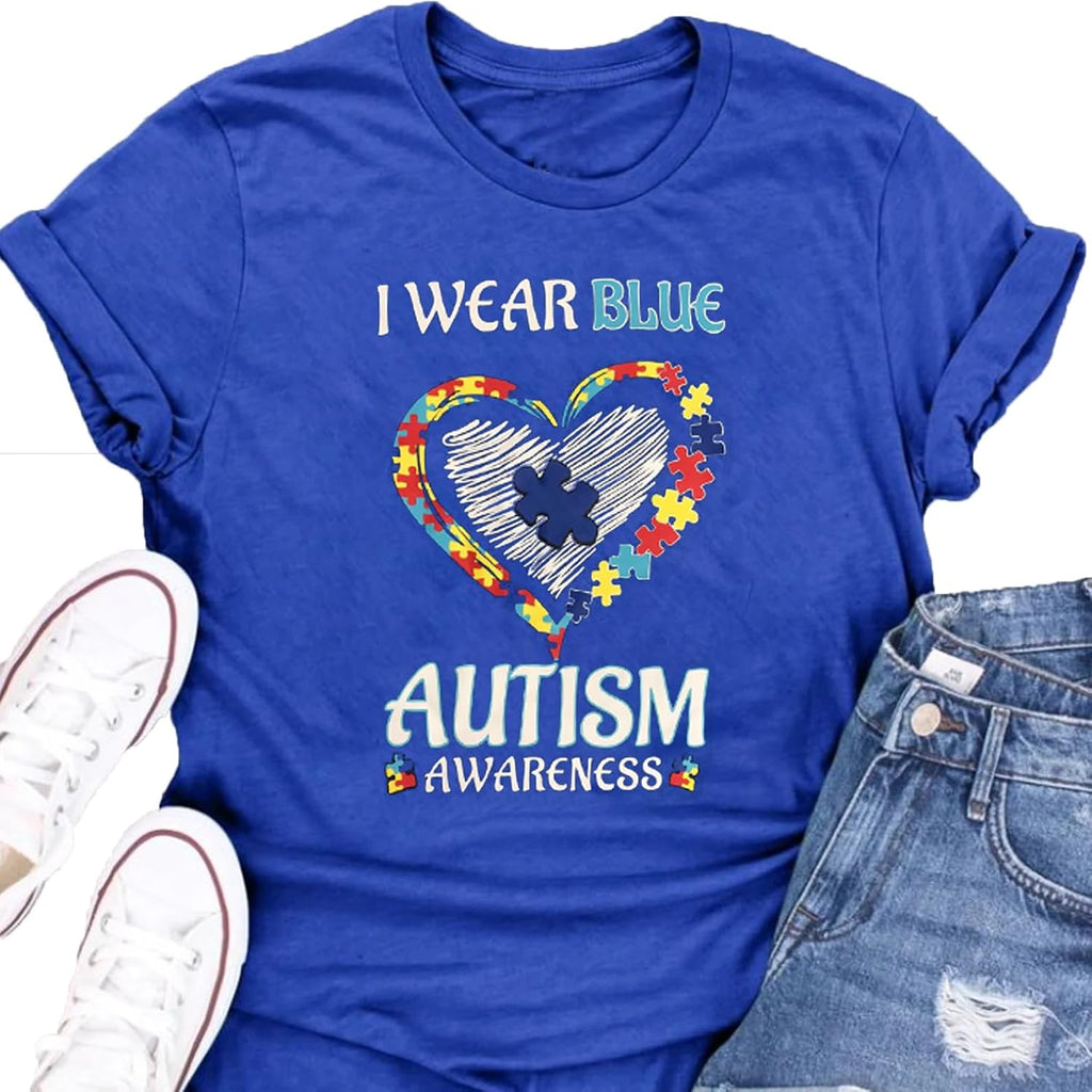 Women Autism Shirt We Wear Blue for Autism Awareness T-Shirt Accept Understand Love Lettter Print Inclusion Tees Tops