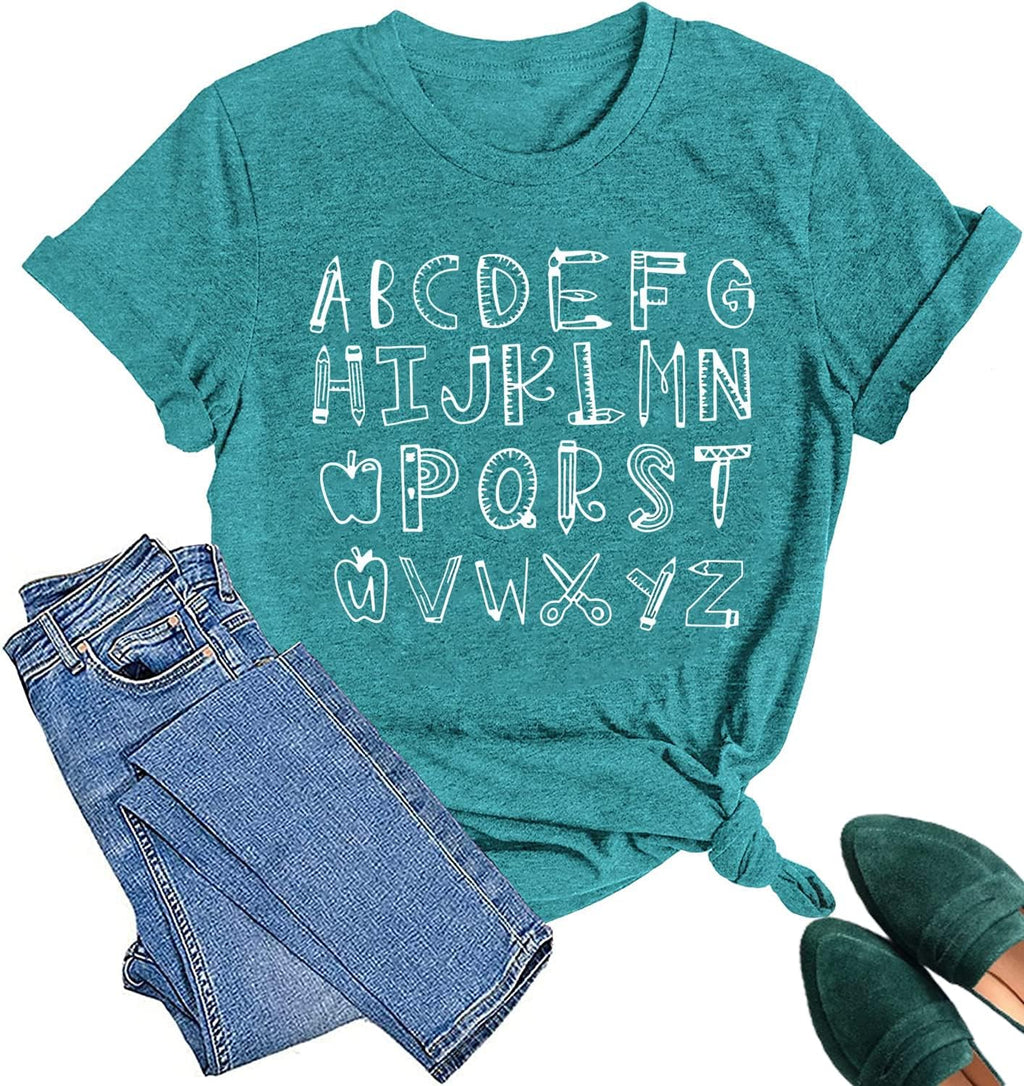 Teacher Shirt ABC Alphabet Elemeno Women Letter Print Graphic Tee Tops Teachers Gift Student T-Shirt Blouse