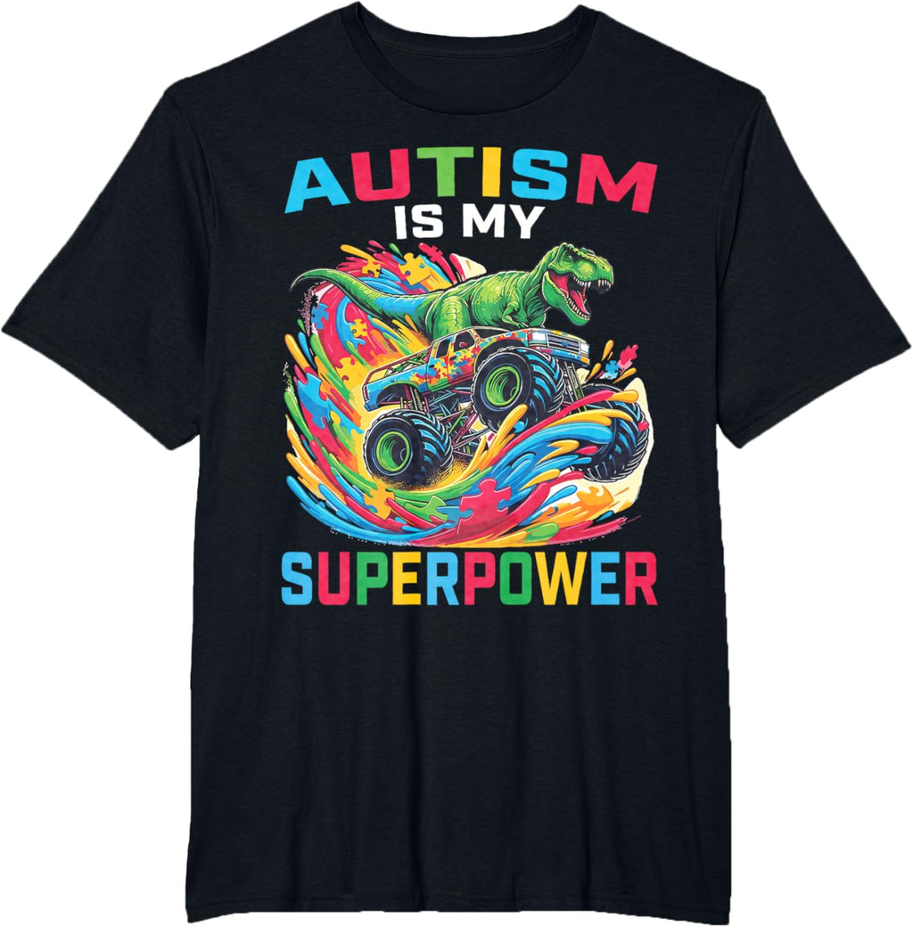 Autism Is My Superpower Dino T Rex Monster Truck Kids Boys